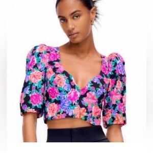 Zara Pink and Blue Puff Sleeve Crop Blouse